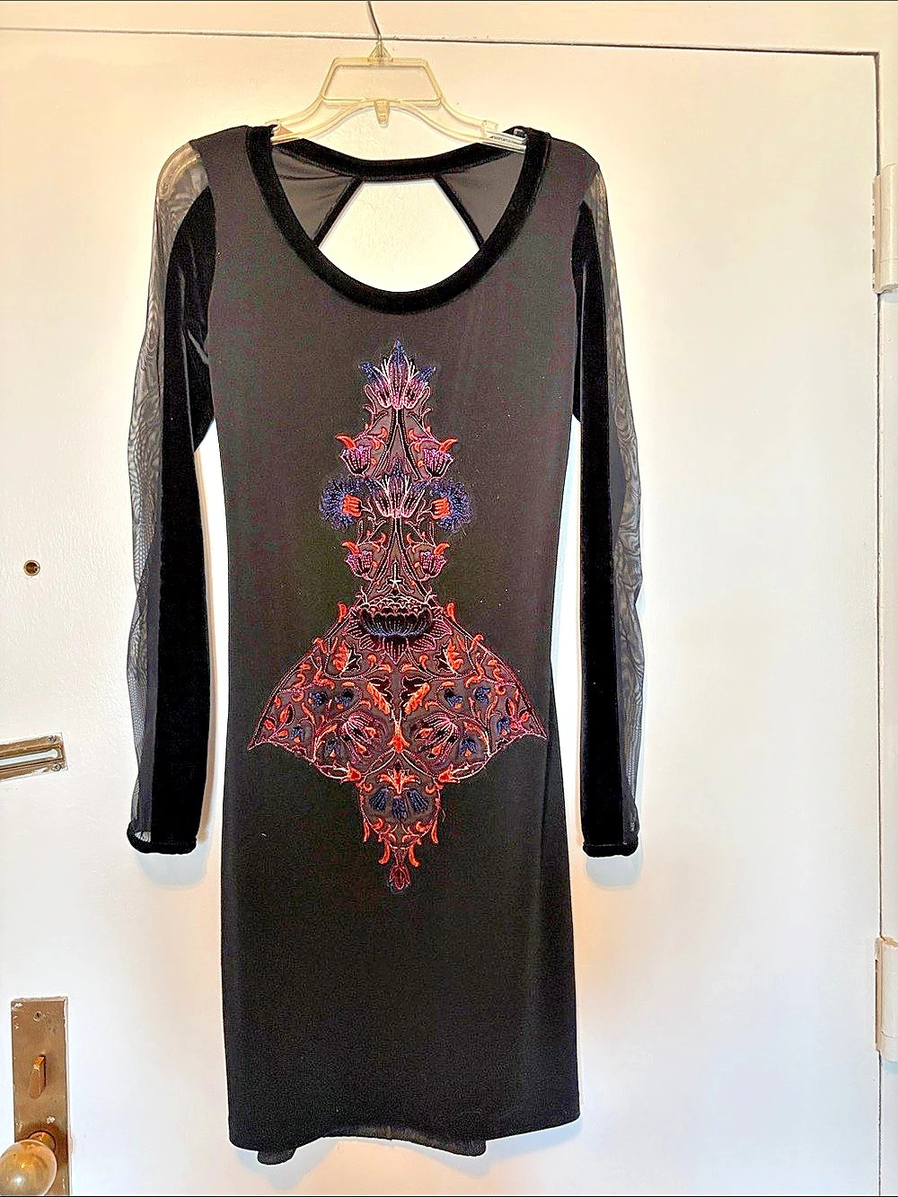 Save The Queen  Black & Red Velvet Embroidered Mesh Sleeve Dress